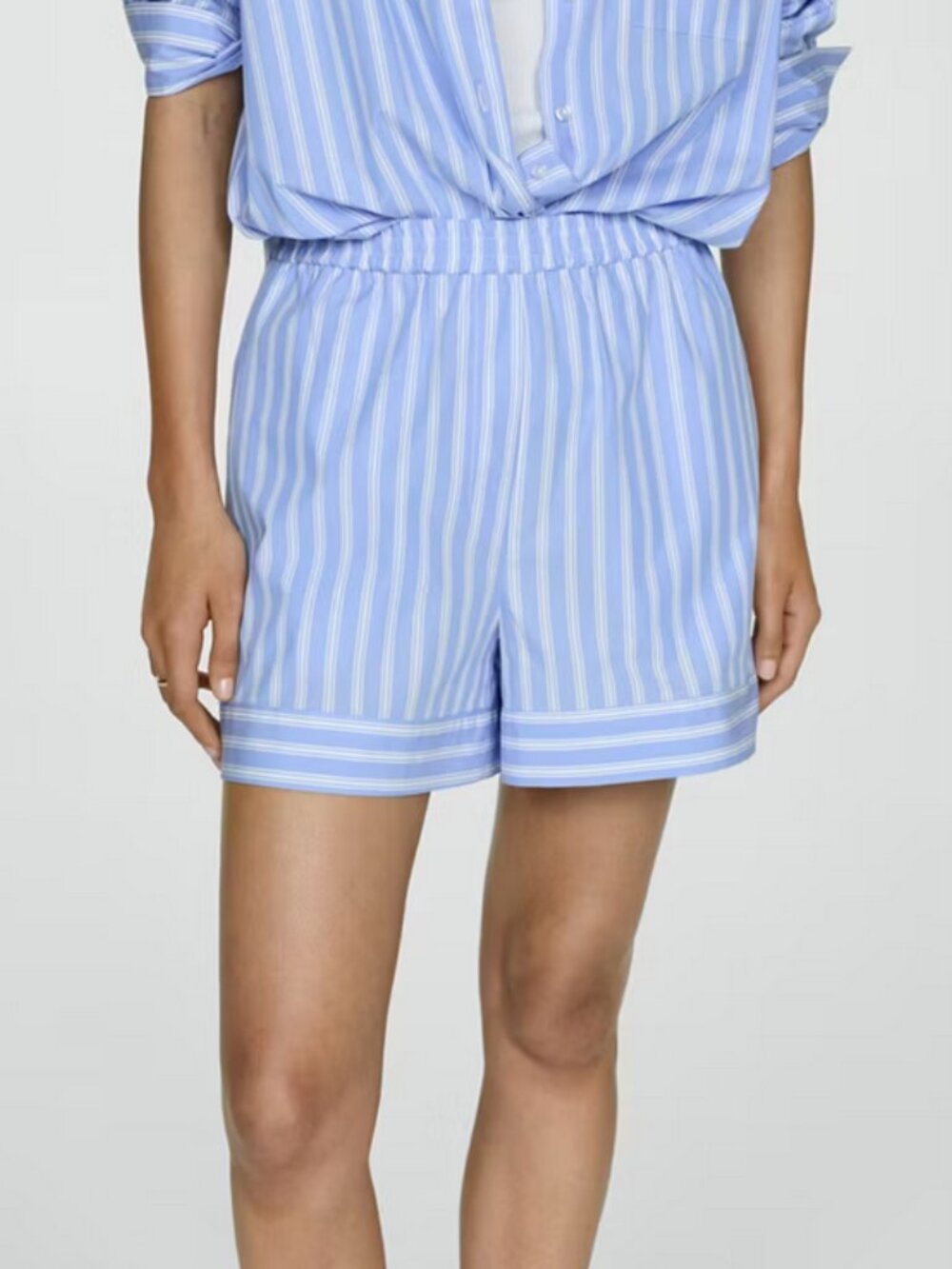 Mango 100% Cotton Striped Straight Fit Shorts In Light Blue &‎ White Size XL NWT